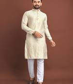 Cream silk embroidered sqeuence work kurta pajama set