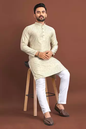 Cream silk embroidered sqeuence work kurta pajama set