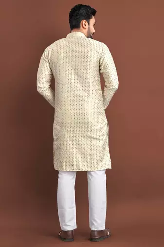 Cream silk embroidered sqeuence work kurta pajama set