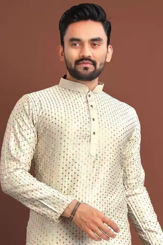 Cream silk embroidered sqeuence work kurta pajama set