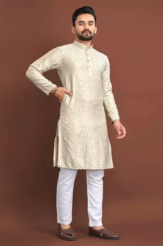 Cream silk embroidered sqeuence work kurta pajama set