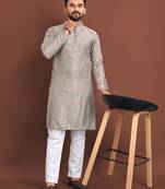 Grey silk embroidered sqeuence work kurta pajama set