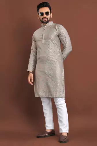 Grey silk embroidered sqeuence work kurta pajama set