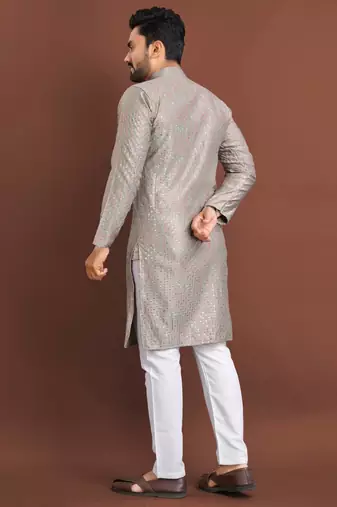 Grey silk embroidered sqeuence work kurta pajama set