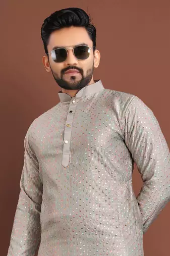 Grey silk embroidered sqeuence work kurta pajama set