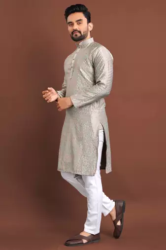 Grey silk embroidered sqeuence work kurta pajama set