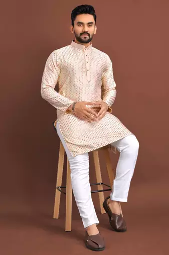 Peach silk embroidered sqeuence work kurta pajama set
