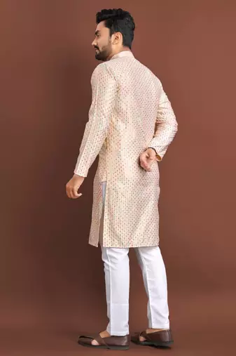 Peach silk embroidered sqeuence work kurta pajama set