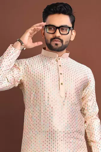 Peach silk embroidered sqeuence work kurta pajama set