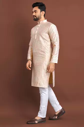 Peach silk embroidered sqeuence work kurta pajama set