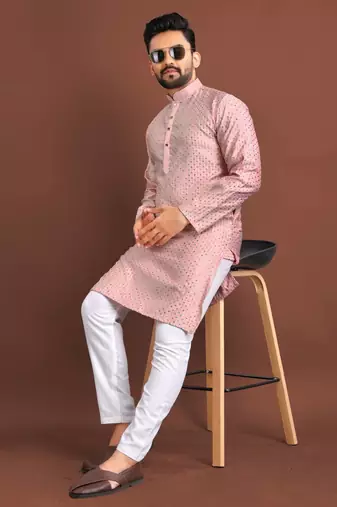 Pink silk embroidered sqeuence work kurta pajama set