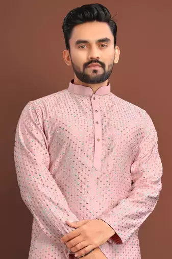 Pink silk embroidered sqeuence work kurta pajama set