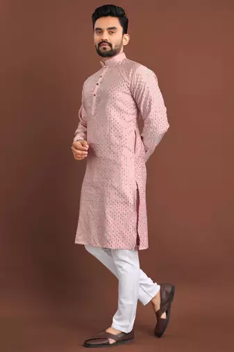 Pink silk embroidered sqeuence work kurta pajama set