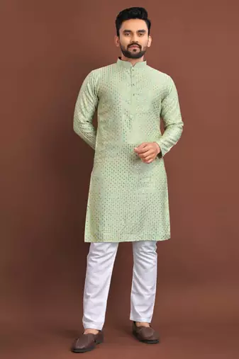 Pista silk embroidered sqeuence work kurta pajama set