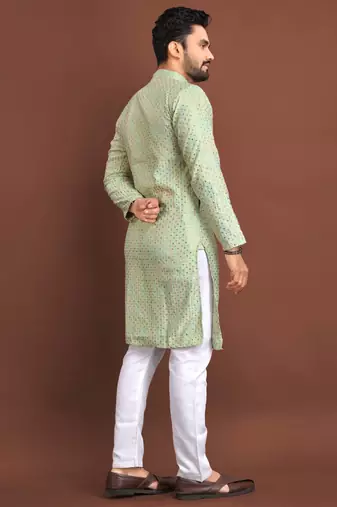 Pista silk embroidered sqeuence work kurta pajama set