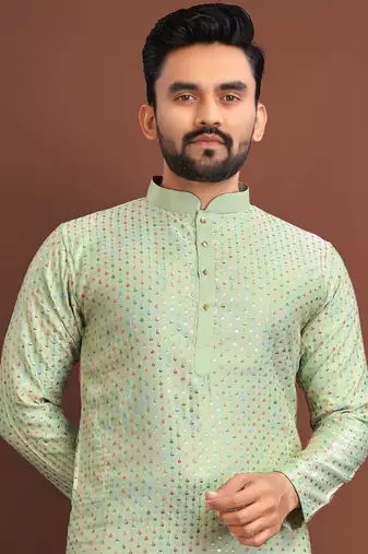 Pista silk embroidered sqeuence work kurta pajama set