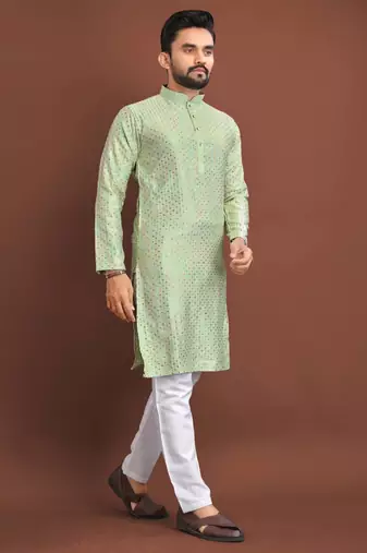 Pista silk embroidered sqeuence work kurta pajama set
