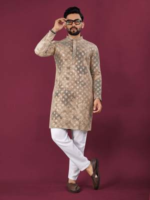 Brown viscose rayon chikankari lucknowi embroidered work kurta pajama set 1