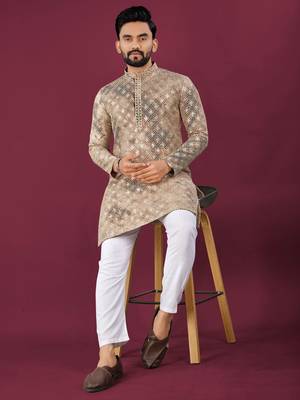 Brown viscose rayon chikankari lucknowi embroidered work kurta pajama set 2
