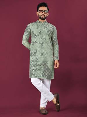 Green viscose rayon chikankari lucknowi embroidered work kurta pajama set 1