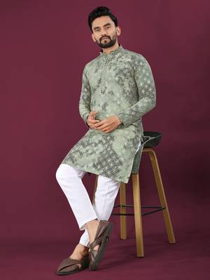 Green viscose rayon chikankari lucknowi embroidered work kurta pajama set 2