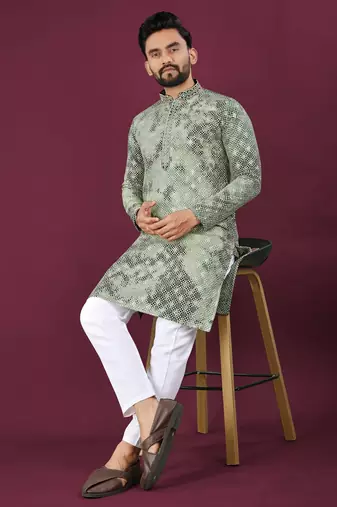 Green viscose rayon chikankari lucknowi embroidered work kurta pajama set