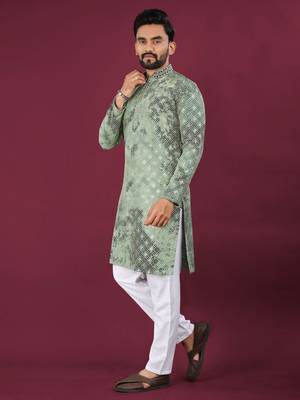 Green viscose rayon chikankari lucknowi embroidered work kurta pajama set 3