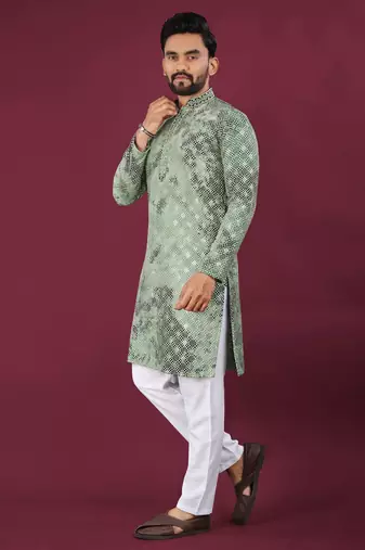 Green viscose rayon chikankari lucknowi embroidered work kurta pajama set