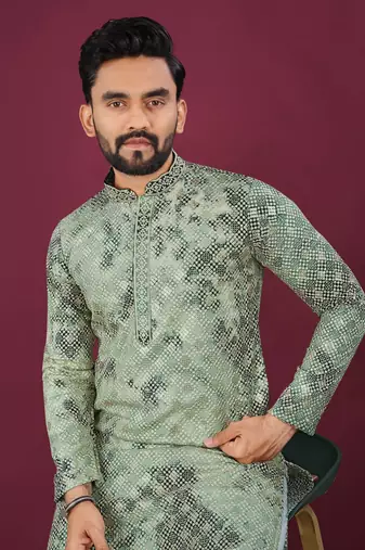 Green viscose rayon chikankari lucknowi embroidered work kurta pajama set