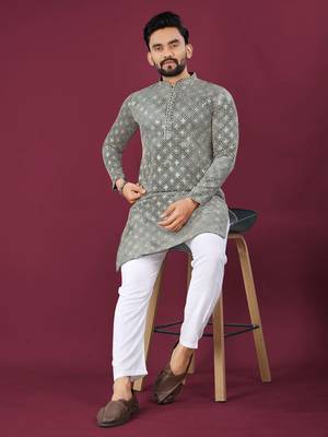 Grey viscose rayon chikankari lucknowi embroidered work kurta pajama set 2