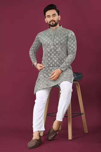 Grey viscose rayon chikankari lucknowi embroidered work kurta pajama set