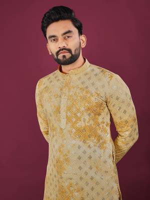 Mustard viscose rayon chikankari lucknowi embroidered work kurta pajama set 3