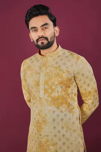 Mustard viscose rayon chikankari lucknowi embroidered work kurta pajama set