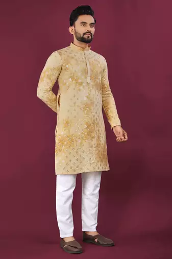 Mustard viscose rayon chikankari lucknowi embroidered work kurta pajama set