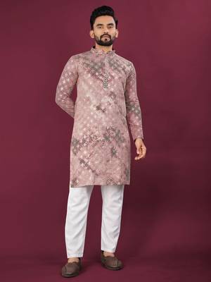 Pink viscose rayon chikankari lucknowi embroidered work kurta pajama set+ 1