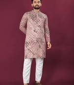 Pink viscose rayon chikankari lucknowi embroidered work kurta pajama set+