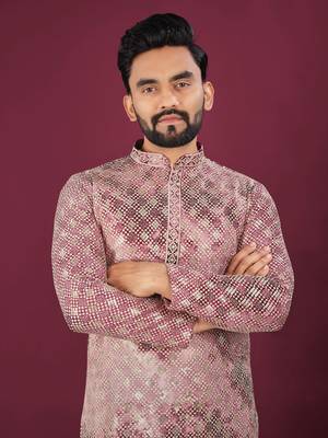 Pink viscose rayon chikankari lucknowi embroidered work kurta pajama set+ 2