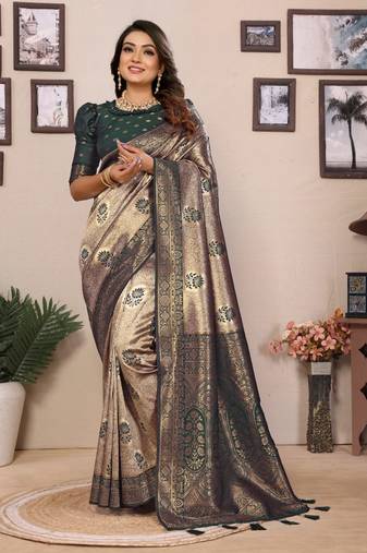 Green and grey tissue silk zari weaving  sarees with blouse