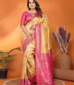 Yellow banarasi tissue silk blend saree with weaving work