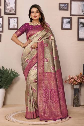 Pink and grey tissue silk zari weaving  sarees with blouse