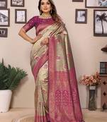 Pink and grey tissue silk blend zari weaving sarees with blouse
