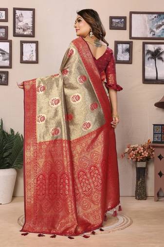 Maroon and grey tissue silk zari weaving  sarees with blouse
