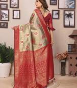 Maroon and grey tissue silk blend zari weaving sarees with blouse