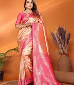 Peach banarasi tissue silk blend saree with weaving work