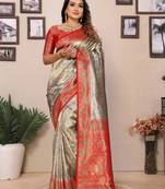 Grey banarasi tissue silk blend saree with weaving work