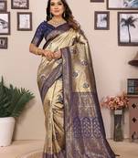 Navy blue and grey tissue silk blend zari weaving sarees with blouse