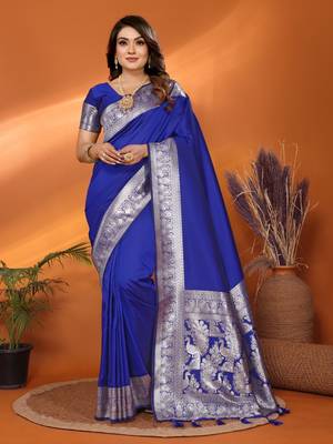 Blue banarasi silk blend saree with weaving work 1