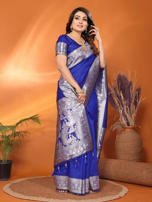 Blue banarasi silk blend saree with weaving work 4