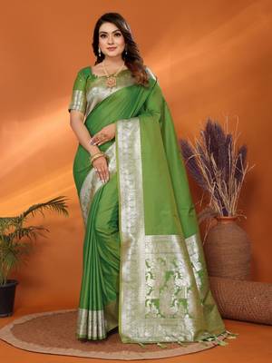 Green banarasi silk blend saree with weaving work 1