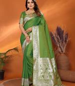 Green banarasi silk blend saree with weaving work